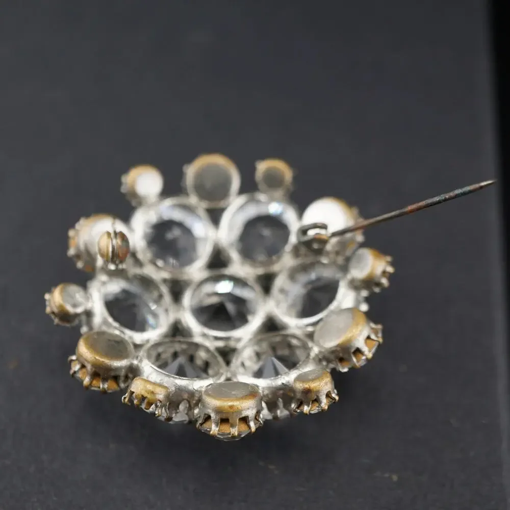 Vintage Clear Rhinestone Dome Cluster Brooch Silver Tone Pin Statement Retro MCM
